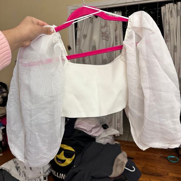 Zara Puff Organza Knit Top White Size Medium Bloggers‎ Favorite Feminine - Picture 2 of 7